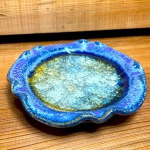 Studio Pottery Wavy Edge Glazed w/Melted Crackled Glass Ashtray / Trinket Dish